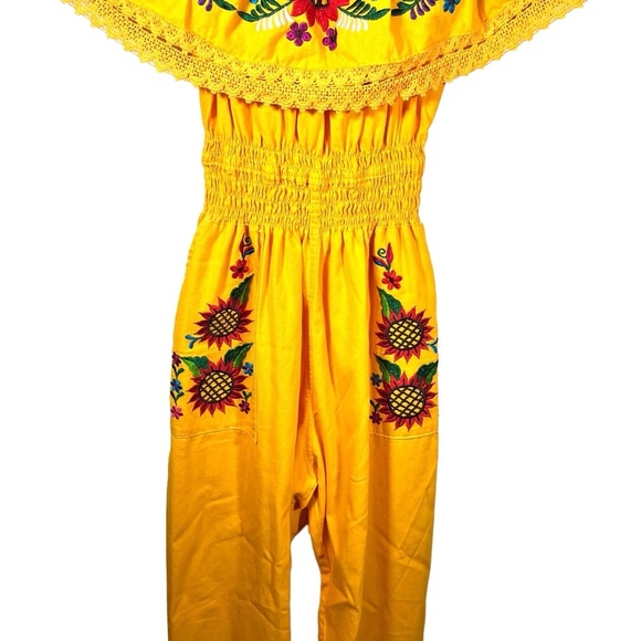 Mexican Boho Embroidered Off Shoulder Yellow Floral Sunflower Jumpsuit w/Pockets - Picture 3 of 8